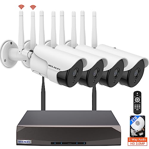 【2-Way Audio & 2-Antenna Enhance】 HD 3.0Megapixel Outdoor Wireless Security Camera System, WiFi Surveillance Camera System, 5.0MP 4-Cams 10 Channel Waterproof Home Video Surveillance