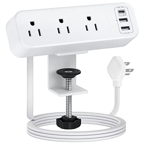 3 Outlet Desk Clamp Power Strip with USB C, White Flat Plug Desktop Edge Power Strip, Desk Mount Clamp Socket Connect 6.5 ft Thin Extension Cord for 1.6 inch Tables.