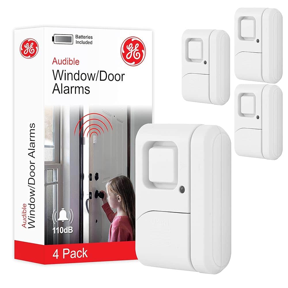 GE Personal Security Window and Door Alarm, 4 Pack, DIY Protection, Burglar Alert, Wireless, Chime/Alarm, Easy Installation, Home Security, Ideal for Home, Garage, Apartment and More, 45174 White