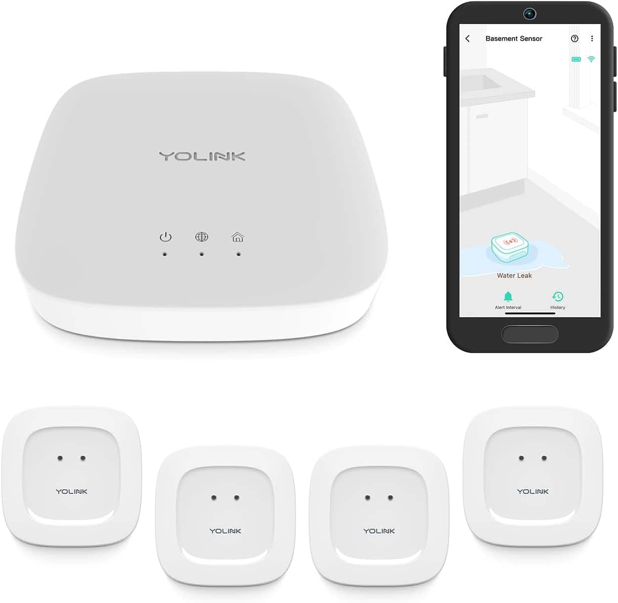 YoLink Smart Home Starter Kit: Hub & Water Leak Sensor 4-Pack, SMS/Text, Email & Push Notifications, LoRa Up to 1/4 Mile Open-Air Range, w/Alexa, IFTTT, Home Assistant